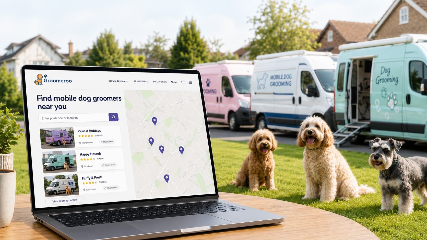 Mobile dog grooming vans and freshly groomed dogs. Find a mobile dog groomer near you with Groomeroo