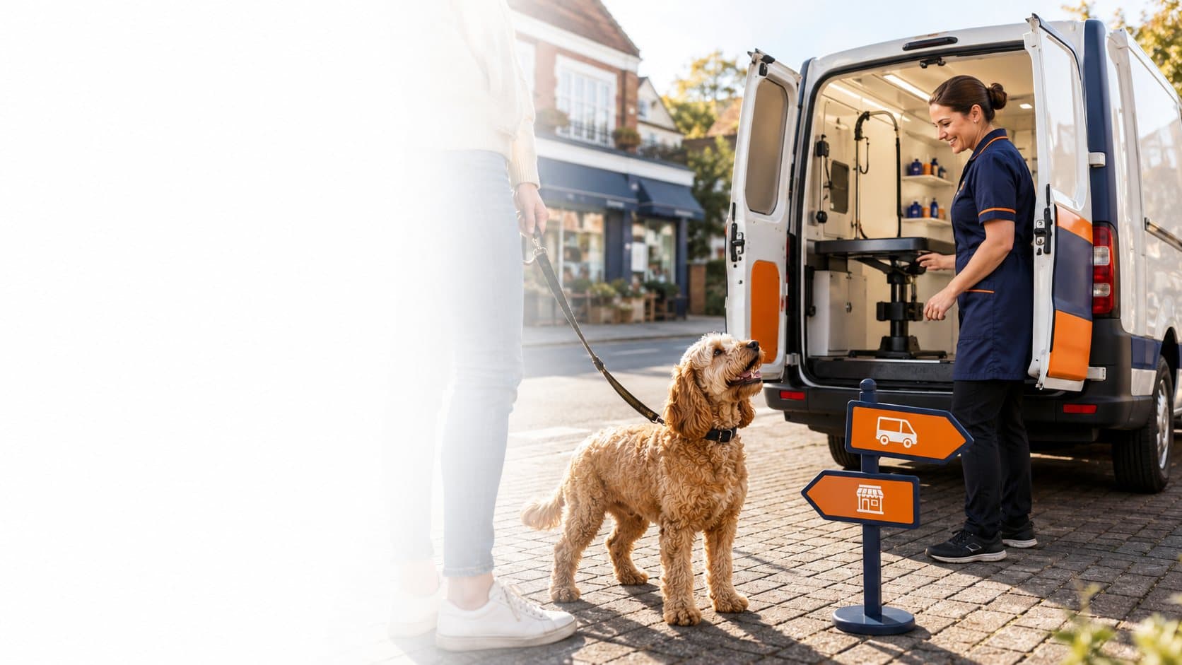 A mobile dog groomer opening her grooming van outside a UK home while a cockapoo waits on the driveway