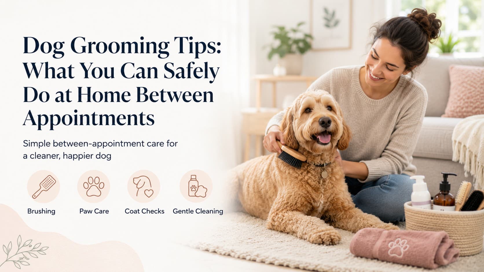 A dog owner brushing a goldendoodle at home, with grooming brushes, shampoo and a towel nearby