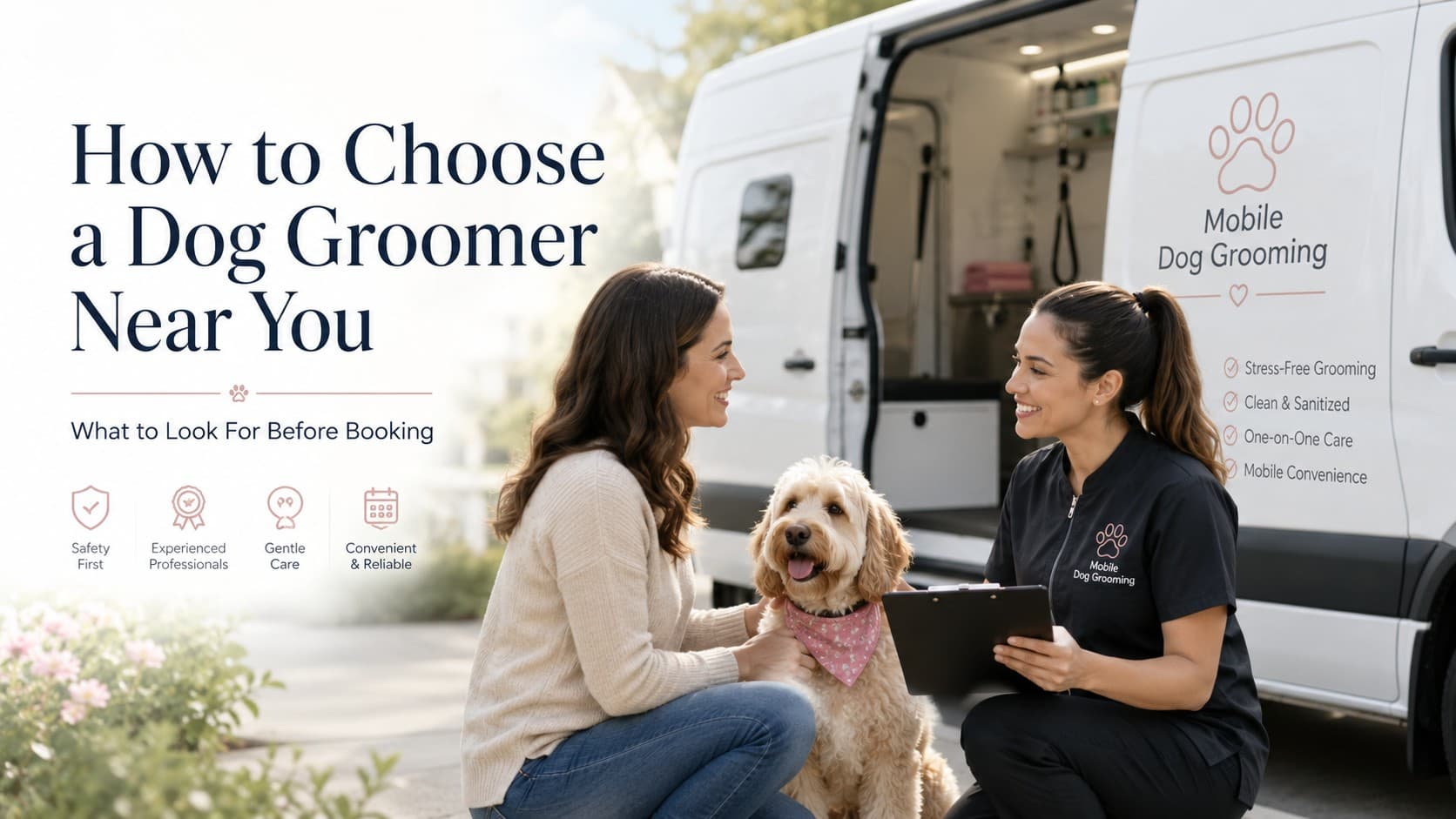 A dog owner and a mobile dog groomer talking beside the grooming van, with a happy dog between them