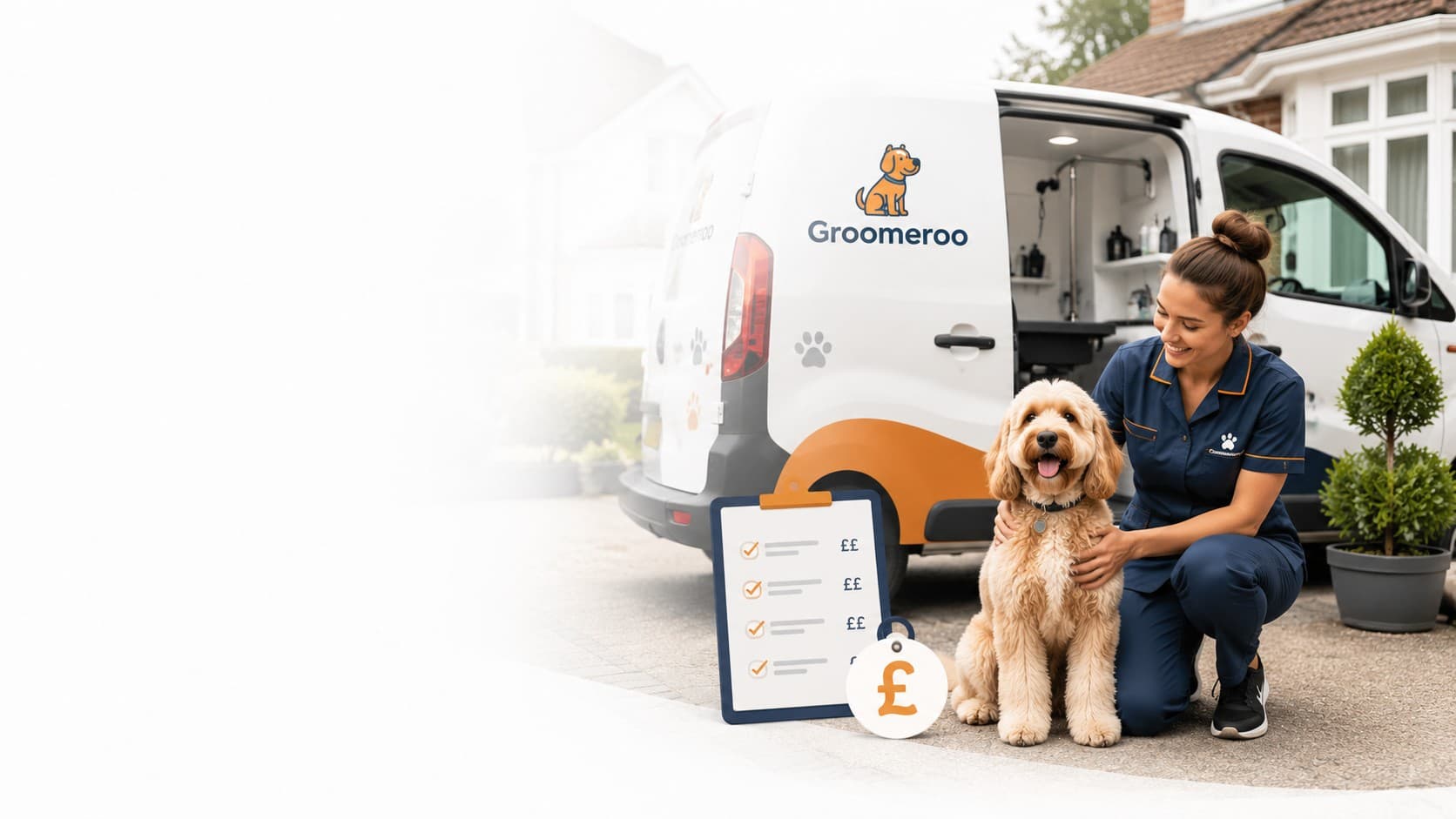 A Groomeroo mobile dog grooming van on a driveway, with a groomer, a dog and a price checklist