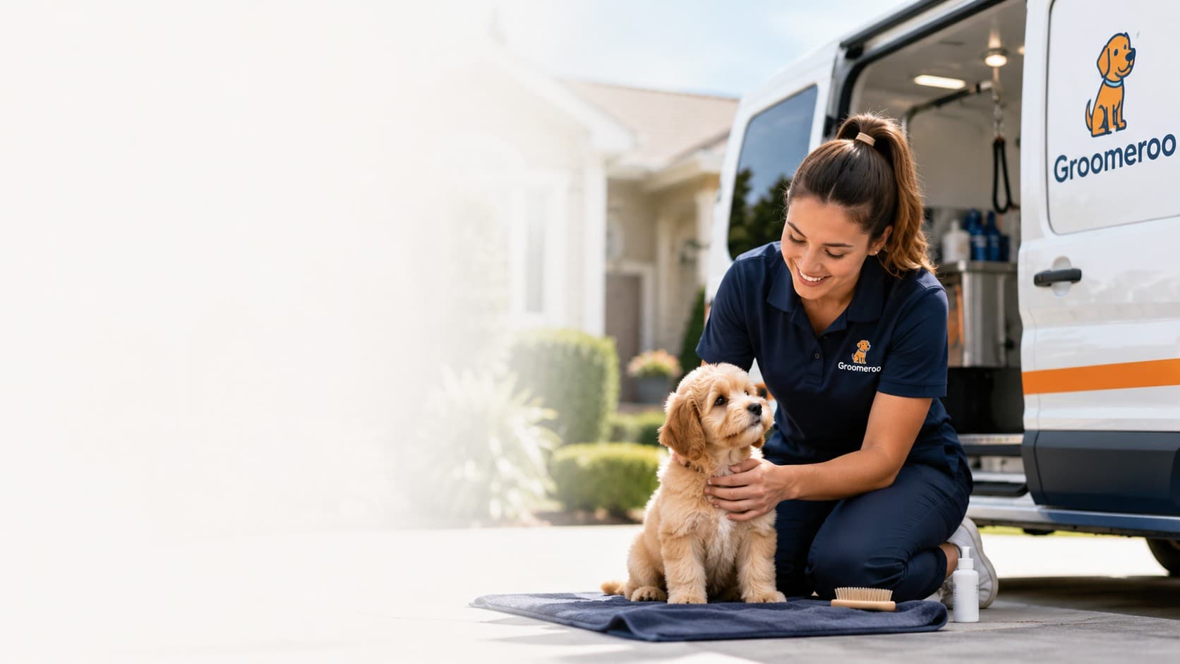 A Groomeroo groomer brushing a puppy sitting on a mat beside the mobile grooming van